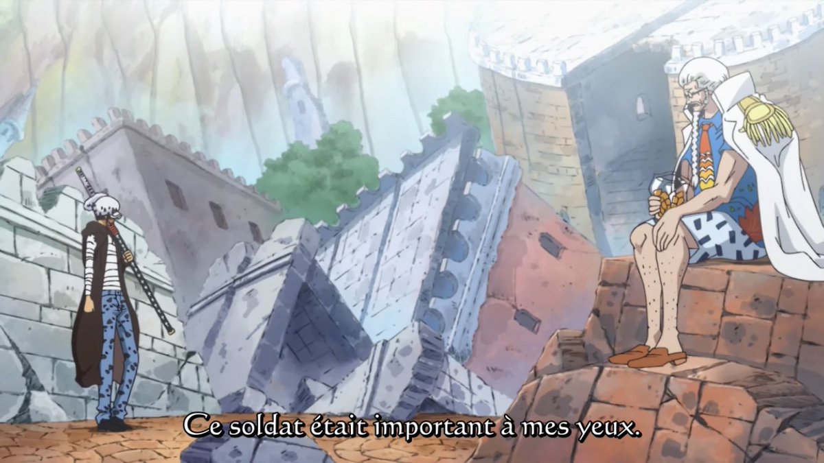  - Arc Dressrosa - 44/46Fujitora doit en tant que Marine capturer Luffy mais il sait qu’il n’est pas mauvais et le laisse fuir.Sengoku parle avec Law de Corazon tandis que Rebecca retrouve son père :