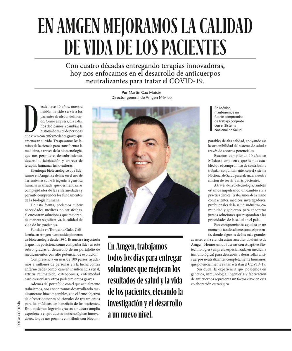AmgenMexico's tweet photo. "En Amgen, mejoramos la calidad de vida de los pacientes" comparte Martín Cao Moisés, Director General de @AmgenMexico en @ExpansionMx #WeAreBiotech https://t.co/miPP6F1JPG