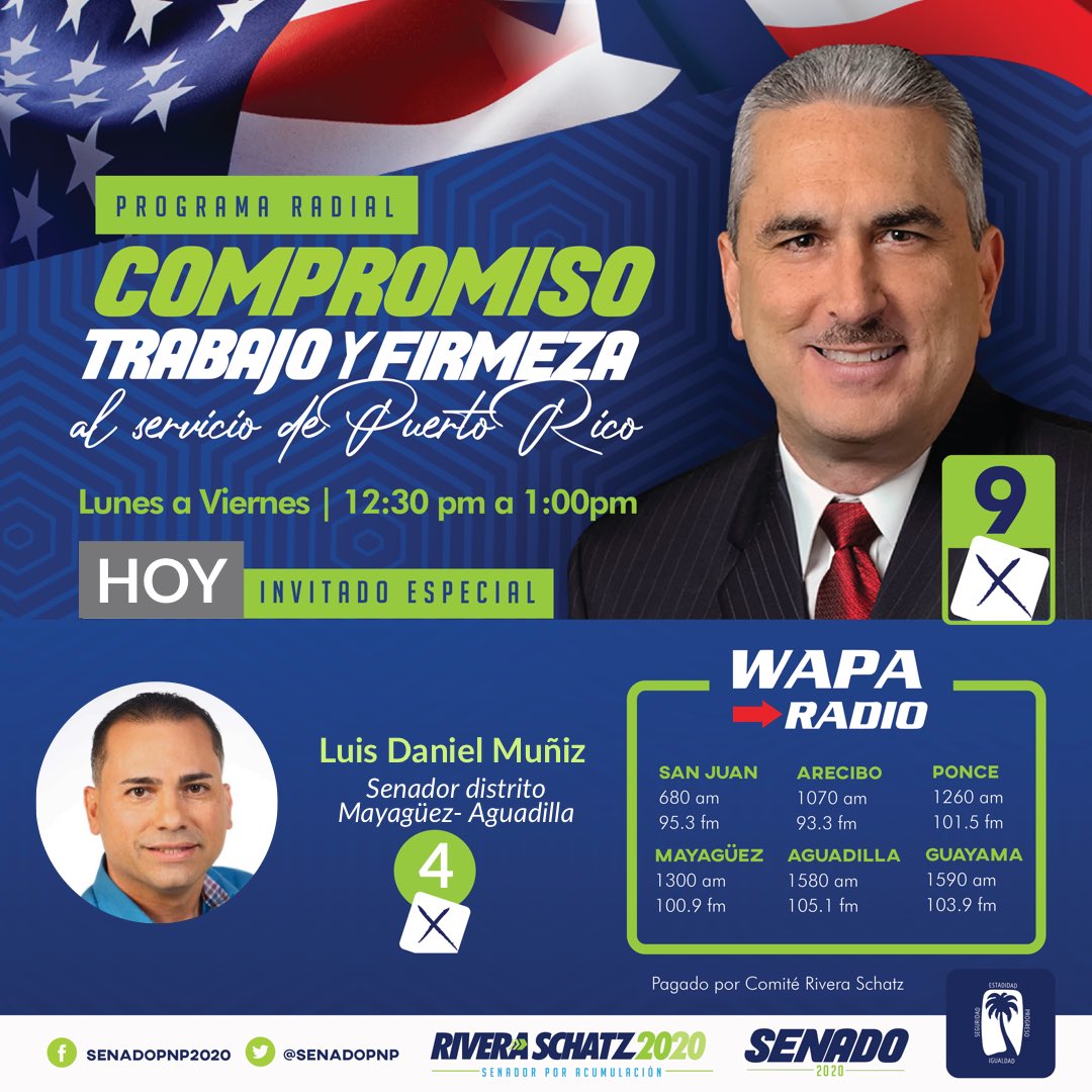 HOY📻• Programa Radial: Compromiso, Trabajo y Firmeza al servicio de Puerto Rico. 

Invitado especial; el senador del distrito de Mayagüez - Aguadilla, <a href="/Luis_Daniel51/">Luis Daniel Muñiz</a> . #SenadoPNP