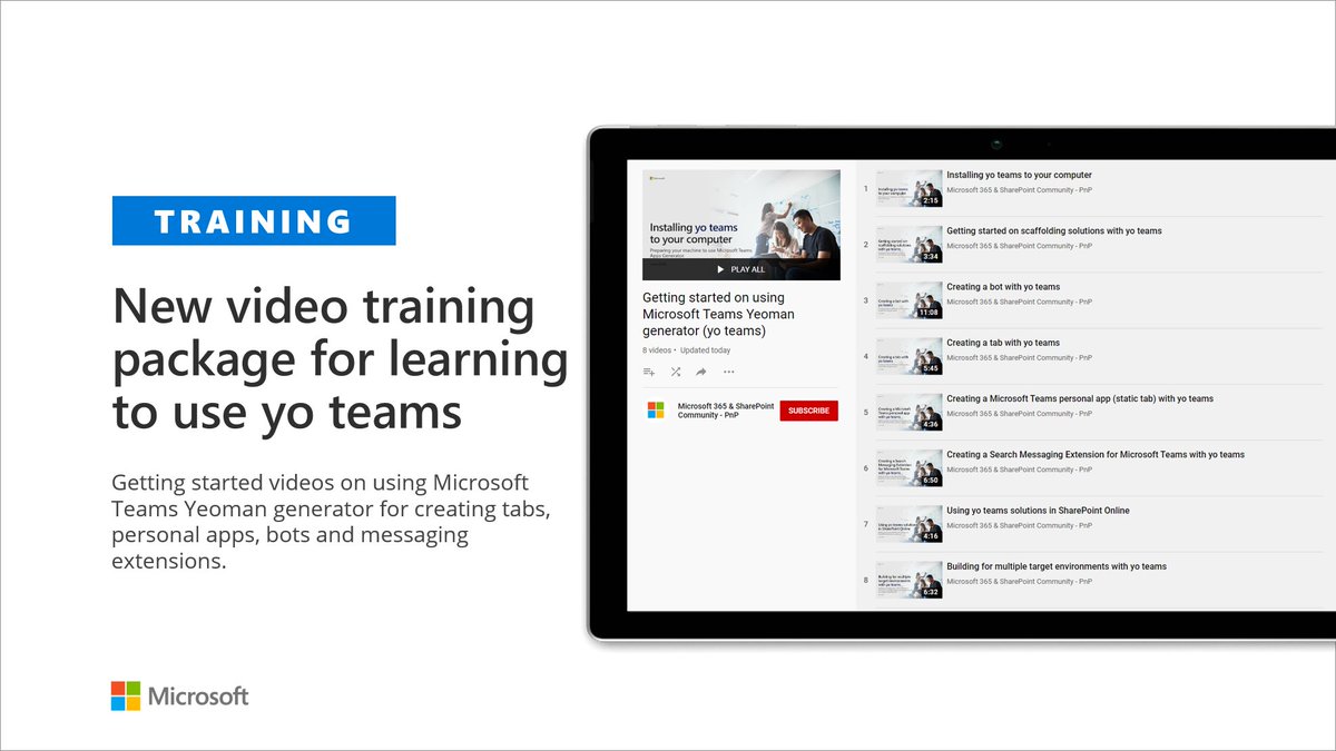 New video training package for #MicrosoftTeams Yeoman generator. Learn how to get started on using #yoteams for your solutions. msft.it/6018Tl19O #Microsoft365dev