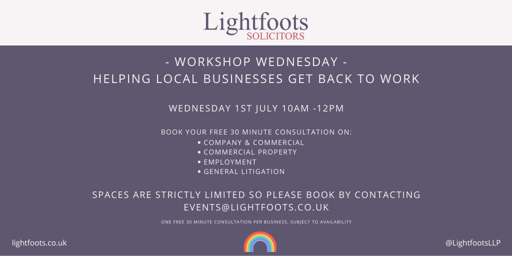 LightfootsLLP's tweet photo. We were pleased to see the 4th July business re-opening announcement last night, but we all know the impact of COVID-19 doesn't end there.
To help local businesses get back to work we are offering free 30 min workshops on legal issues on Wed 1st July. Book now! #workshopwednesday https://t.co/cZMNjvLgqw