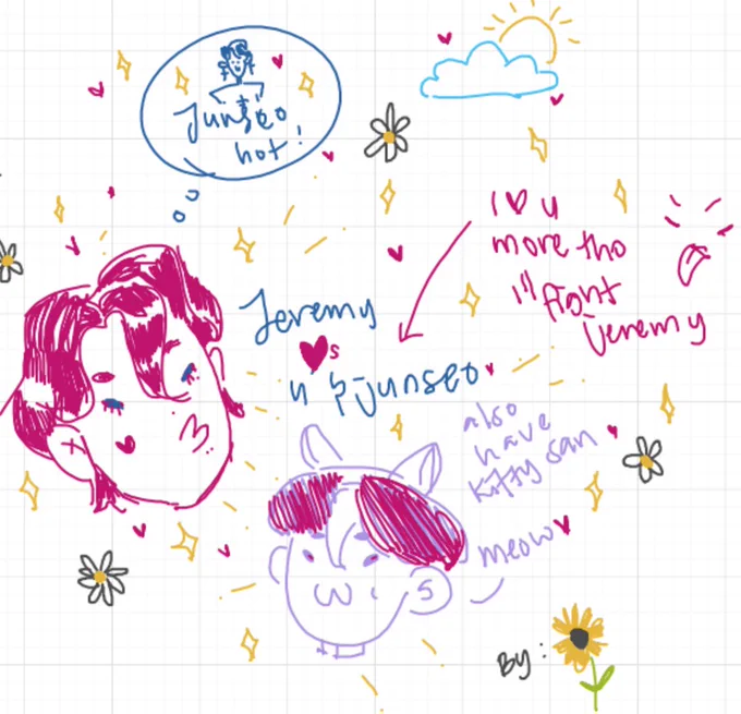 ALIIIIIIIIIIII IM IN TEARSSSSS ¡¡¡¡¡ the sunflower goddess has blessed my board. jeremy ilysm. the lil junseo too and all the flowers and sparkles im so in love . also don't fight jeremy pls 