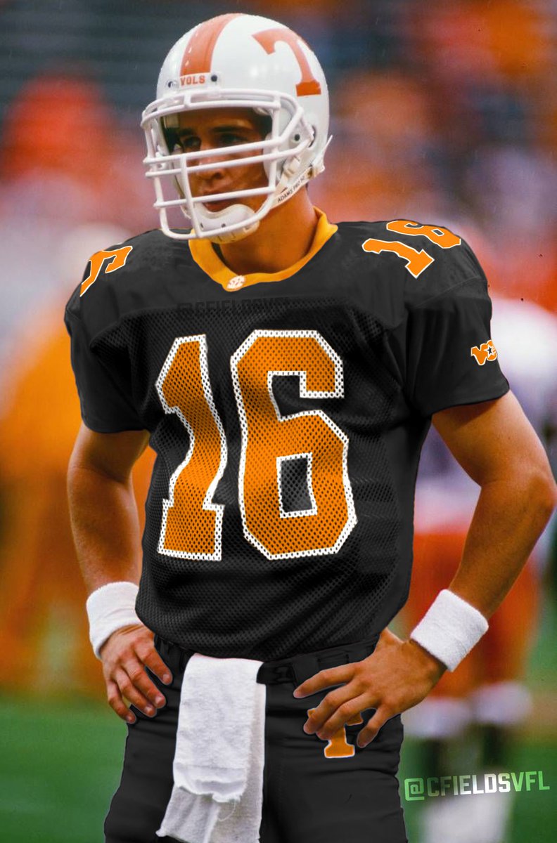 CfieldsVFL's tweet photo. You know... I’m not sure why everyone is so upset about the black jerseys. I mean, even The Sheriff wore one back in the day! 😬 @Vol_Football https://t.co/Oa518ZXzC6