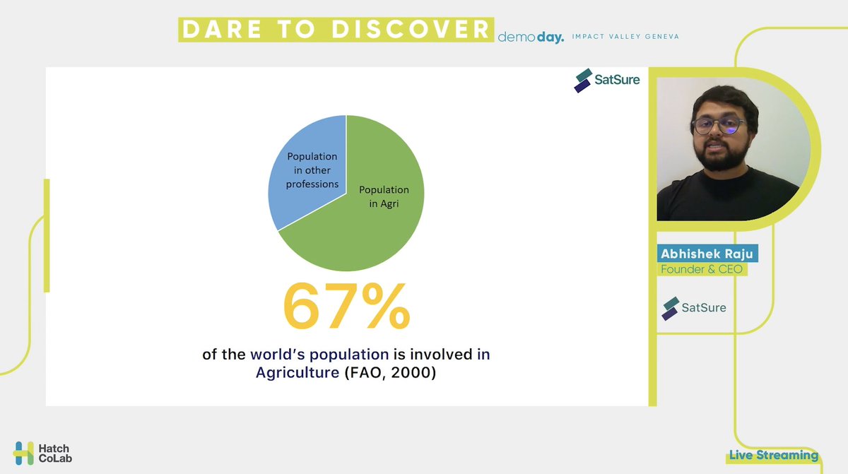 NOW ON STAGE 🌱🦄 Abhishek, Founder &amp; CMO <a href="/sat_sure/">SatSure</a>. Leveraging spacetech for financial inclusion, with +1M Km2 land screened enabling +$2M in loans for farmers! Check out their website (satsure.co) &amp; DM us for more information! #DaretoDiscoverDD20