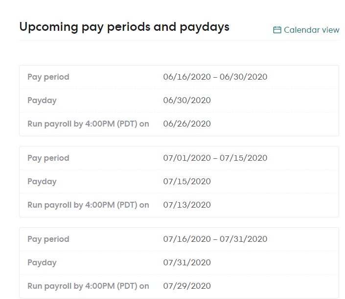 Payroll ReminderExport the upcoming pay periods from Gusto into a new Excel tab.From the Home tab, grab the nearest pay date on or after TODAY(), or the nearest "Run Payroll" date, etc
