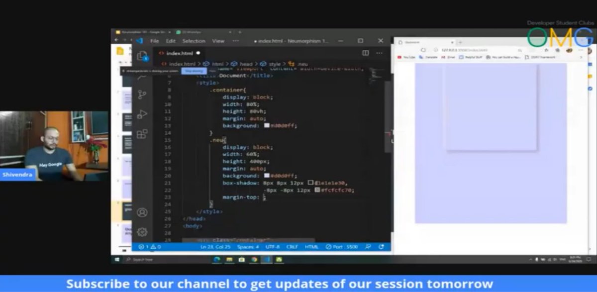 iamaravindsekar's tweet photo. Pretty cool session on Neumorphic design by @ShivendraSaurav at @OmgDsc  ✌🏼

#dscomg #DeveloperStudentClubs 
@GoogleDevsIN https://t.co/RPZboY9Ii1