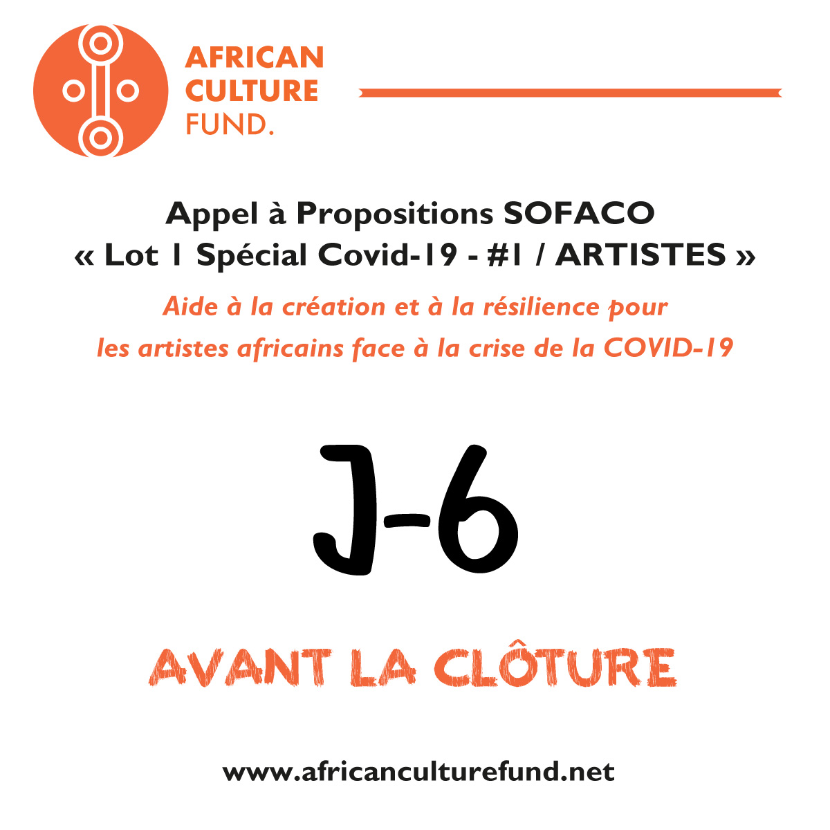 AfriCultureFund's tweet photo. 📣 Avis aux candidats de l'Appel à Propositions SOFACO « Lot 1 Spécial Covid-19 - #1 / Artistes »⚠️ Il ne vous reste plus que 6 JOURS pour postuler ! https://t.co/mlTDywTgpY #Sofaco #Aide #Artiste #Culture #Covid19 https://t.co/5oDh1QDbn5