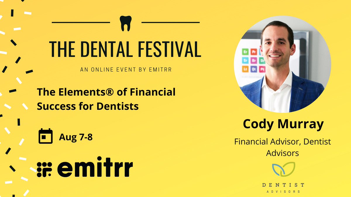 Introducing speaker #12, Cody Murray! He's the Financial Advisor for Dentist Advisors. He will be talking about the Elements of Financial Success for Dentists!
Hurry up and Register now for the Dental Festival'2020- emitrr.com/the-dental-fes… 
#dentistry #success #business #Growth