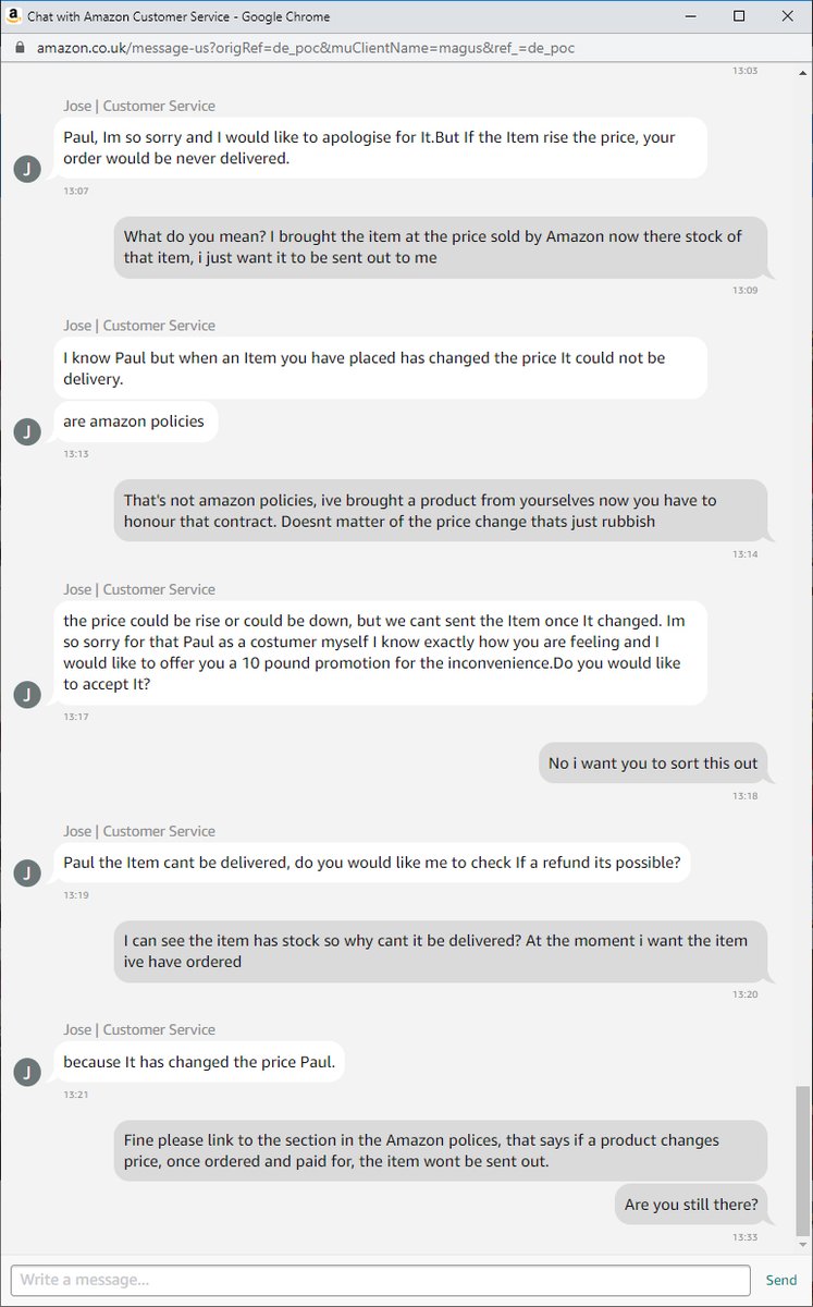 paulyrobbo's tweet photo. @AmazonUK Quality customer service from you today telling me you wont send a item I brought and paid for 3months ago as the price has changed, as its Amazon Policy?? https://t.co/hfj12OQYx8