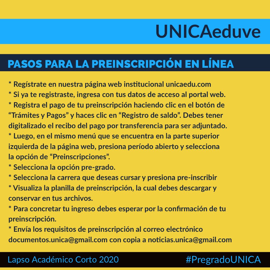 UNICAeduve's tweet photo. Arrancaron las preinscripciones para el Lapso Académico Corto 2020.
¡Intensivo! (Agosto - Septiembre)
Revisa aquí 👇 los requisitos y pasos a seguir.
¡Todas nuestras carreras de #PregradoUNICA están en modalidad de Educación a Distancia! https://t.co/Yew6GYXkky