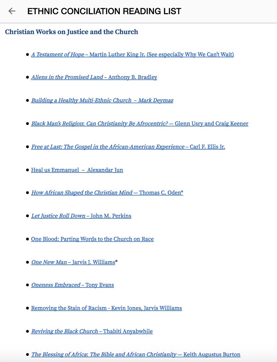 Thank you pastor Jamaal Williams (@Jamaal711) of <a href="/sojournmidtown/">Sojourn Church Midtown</a> for this ethnic conciliation reading list, with vital sections on justice, history, literature, social sciences, the church, and biblical studies. 
buff.ly/2Yu4cxi
#ethnicconciliation