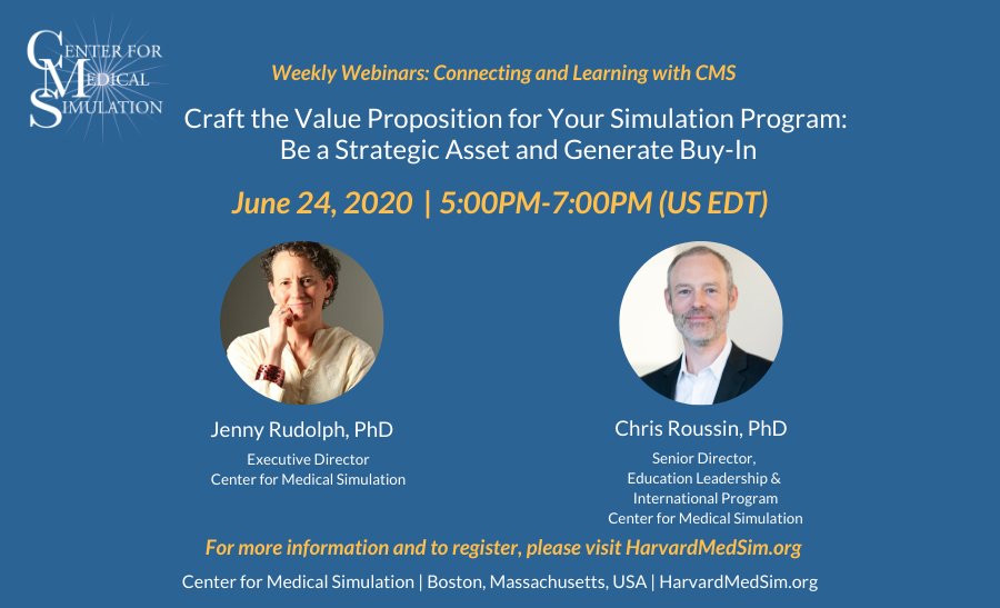 MedSimulation's tweet photo. Learn how to develop your sim program's #valueproposition at tonight's Weekly Webinar! Jenny Rudolph & Chris Roussin will help participants analyze & pitch what their program can do to make a difference in their org. Register: https://t.co/XmWLWghevP #CMSWeeklyWebinars #medsim https://t.co/oDK6olPEm3