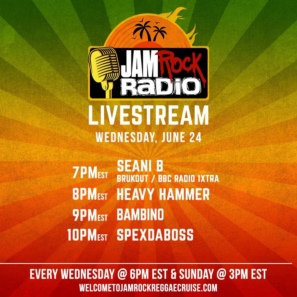 wtjrc's tweet photo. Get ready to mash up di place!! Join us for an all new #JamrockRadio Livestream TODAY beginning at 7pm EST (this week only!) with sounds from #SeaniB, #HeavyHammer, #Bambino and #SpexDaBoss! See you soon at: https://t.co/vxgaJ5L6ud
#WelcomeToJamrock #Reggae #Radio https://t.co/TEHLTJ3zf2