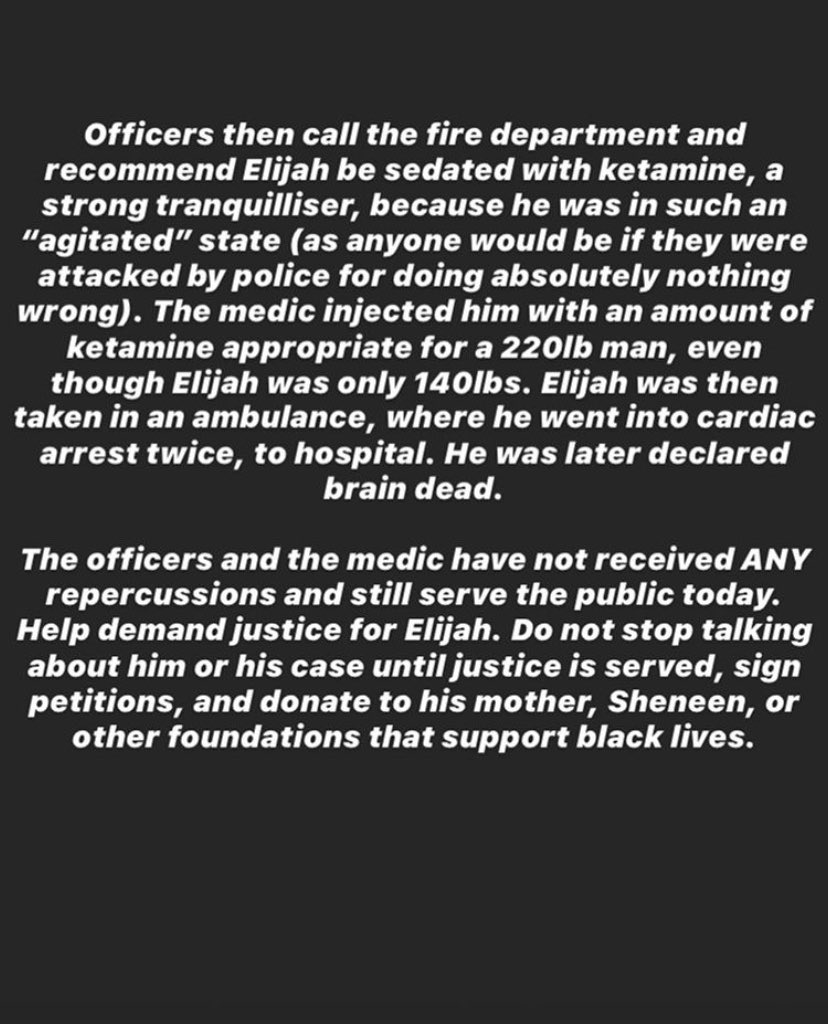 Meduso_bass's tweet photo. If this doesnt make you absolutely sick to your stomach to read through, you are the problem. Even in his last breaths #ElijahMcClain was calling his murderers beautiful. My mind cannot grasp how these officers can lack so much empathy and be so evil to such an innocent young man https://t.co/5lLaQnKC7z