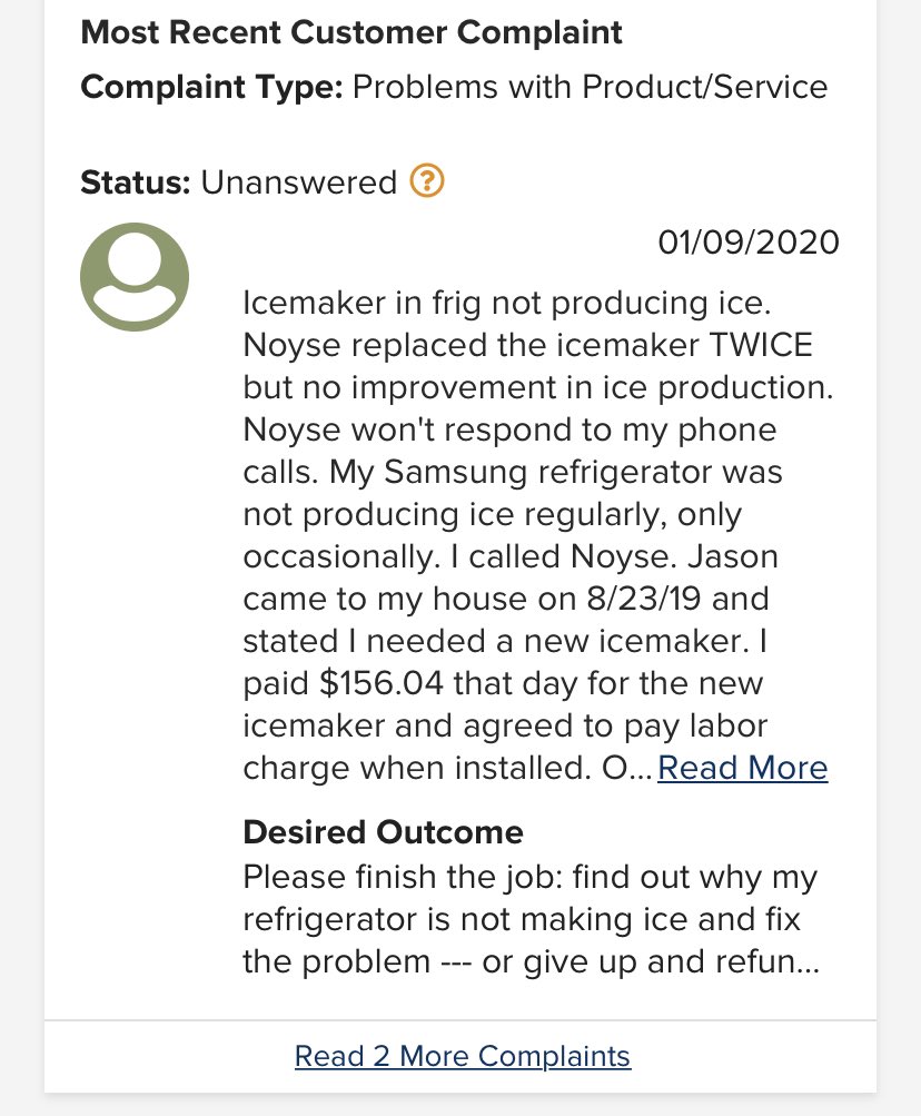 Jason Noyes has an “F” rating with the Better Business Bureau. He hates Samsung appliances.