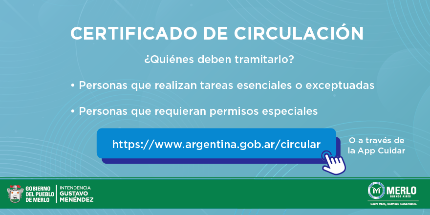 MerloGob's tweet photo. Podés generar tu Certificado Único para Circulación #CUHC por motivos laborales o permisos especiales.
Ingresá a https://t.co/5xQPoYnyZ5 o utilizá la App #Cuidar.
#GobiernoDelPuebloDeMerlo
#JuntoAlVecino https://t.co/jYiR7N6nGD