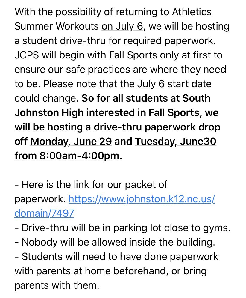 Possible Athletic Summer Workout information - paperwork link- johnston.k12.nc.us/domain/7497