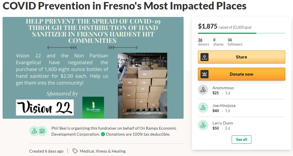Vision22Fresno's tweet photo. WE NEED YOUR HELP!We are only $925 away from getting 1,600 bottles of sanitizer into Fresno's communities hit hardest by COVID-19.There have been 400+ new cases reported in the past week.Prevent the spread of this virus in our most vulnerable neighborhoods https://t.co/6tOZHYWQ54 https://t.co/ob9jm00GHb