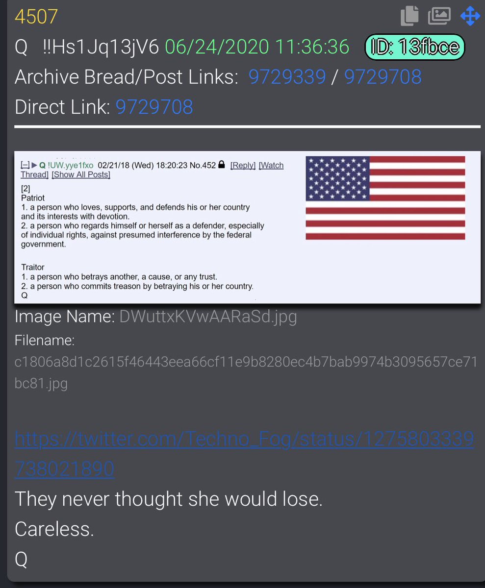  #QAlert 6/24/20 Q4507 https://twitter.com/Techno_Fog/status/1275803339738021890They never thought she would lose.Careless.Q @POTUS  #QAnon  #WWG1WGA  #QArmy