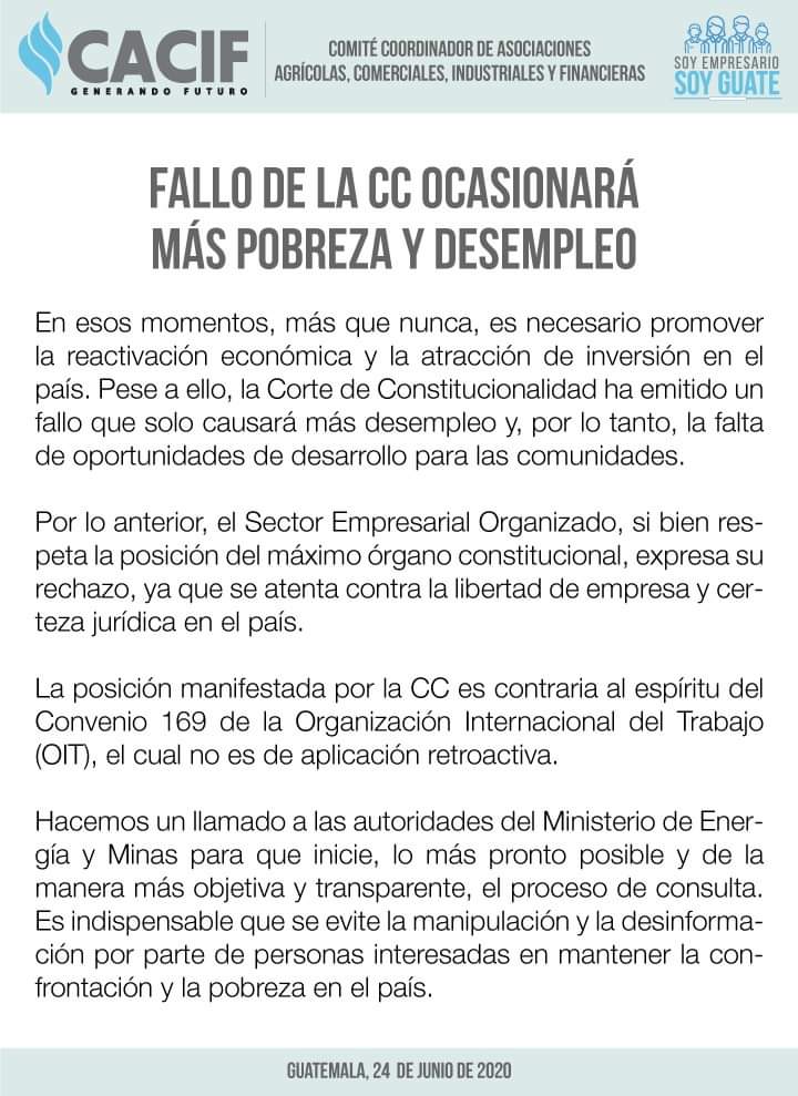 miningworksgt's tweet photo. #Ahora 
#CACIF emite pronunciamiento tras resolución de la Corte de Constitucionalidad (CC), en el caso del proyecto Fénix. #MiningWorksGT https://t.co/yMXB3n91ZS