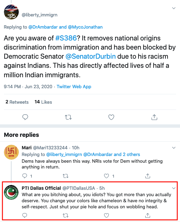See this reply form the overseas wing of Pakistan Tehreek-e-Insaf, the ruling party of Pakistan. If you see the videos in this thread, you'll see that attempts to keep Indians out of the US is done by multiple interests. One being Pak-Islamist lobby.