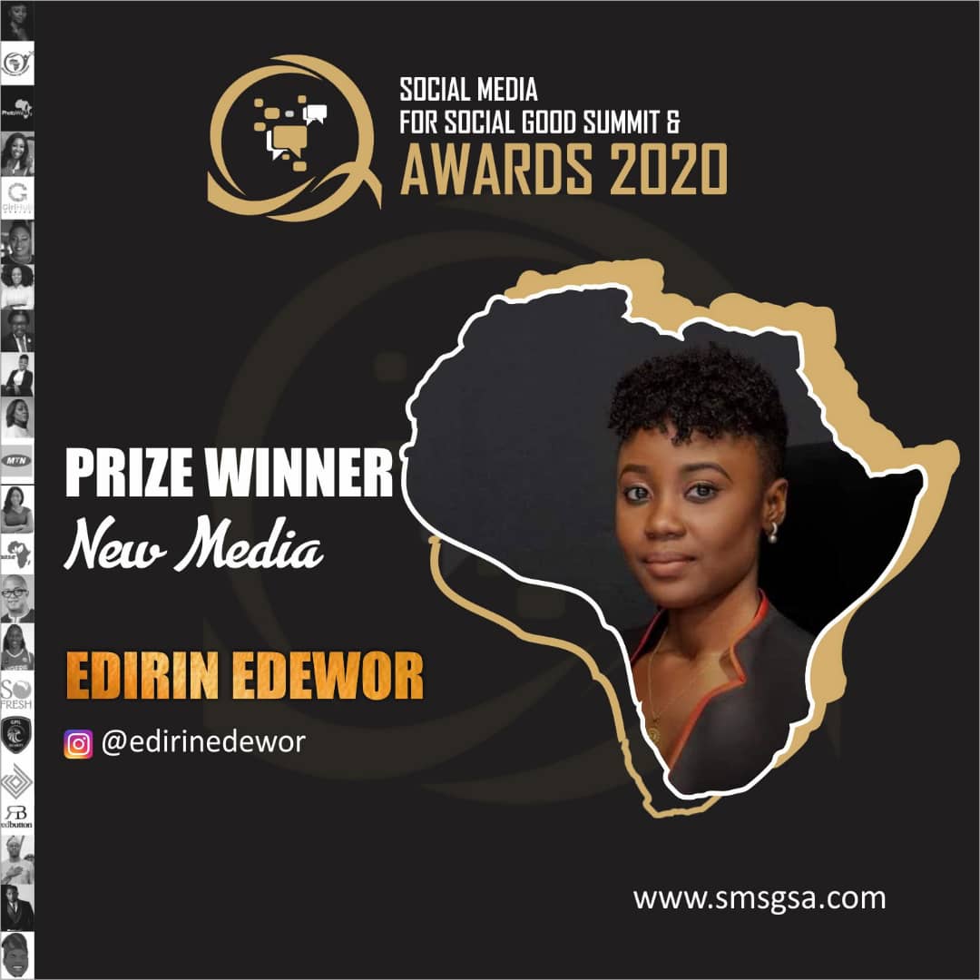 socialgood2020's tweet photo. Category:
New Media
1. @edirinedewor
2. @peaceitimi
3. @moneysensedean
4. @ifedurosinmiE

Winner is Edirin Edewor !

#smsgsa2020 https://t.co/wmMq543cGa