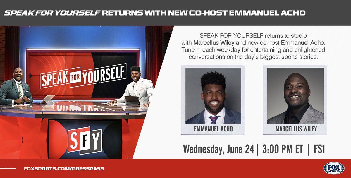 FOXSportsPR's tweet photo. Don’t miss @EmmanuelAcho’s @SFY debut alongside @MarcellusWiley today at 3:00 PM ET on @FS1! https://t.co/pxulMtJVov