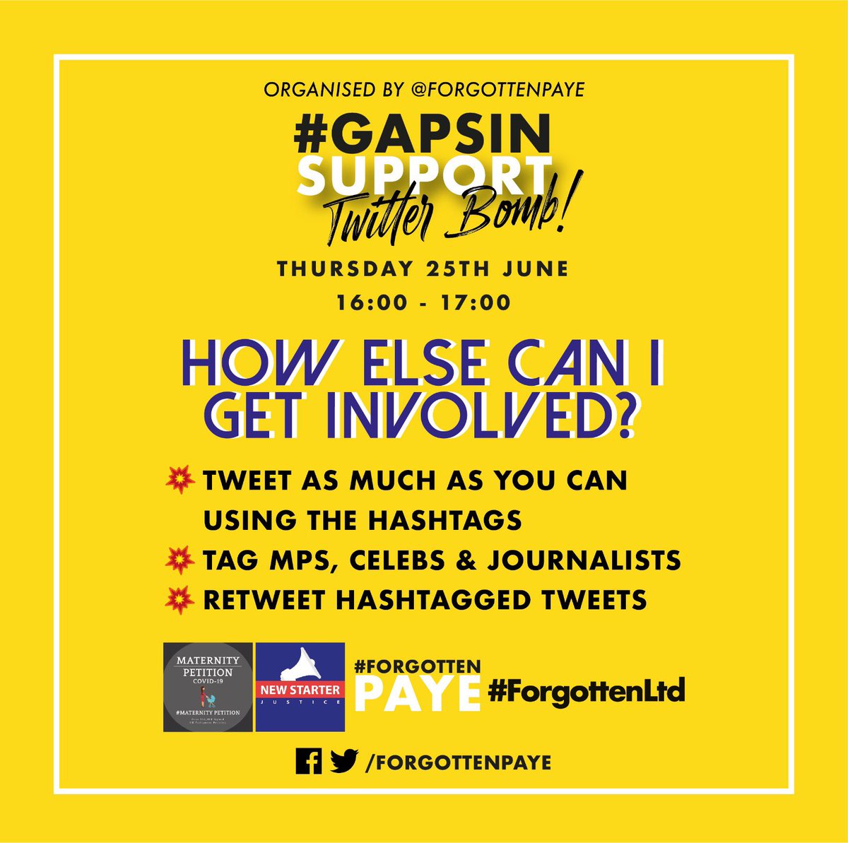 Less than 24 hours to go...💣💥

Get your photos ready! 📷

THURSDAY 4pm-5pm join our united Twitter Bomb for the 3-5 MILLION taxpayers who’ve had £0 financial aid due to <a href="/RishiSunak/">Rishi Sunak</a>’s #GapsInSupport

<a href="/ForgottenPAYE/">ForgottenPAYE</a> <a href="/ForgottenLtd/">ForgottenLtd</a> <a href="/NewStarterJust/">New Starter Justice</a> #MaternityPetition

💥Please RT💥