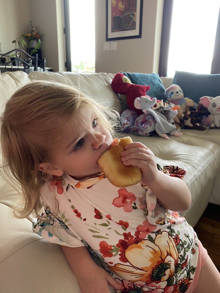 kenickies's tweet photo. I get Lydia a cake donut from Shipleys for a special birthday treat, excited to see her have her first donut. No interest. Wants my ham &amp; cheese kolaches instead. Happy Birthday kid 🤦🏻‍♀️😂 https://t.co/iZwloz6atW