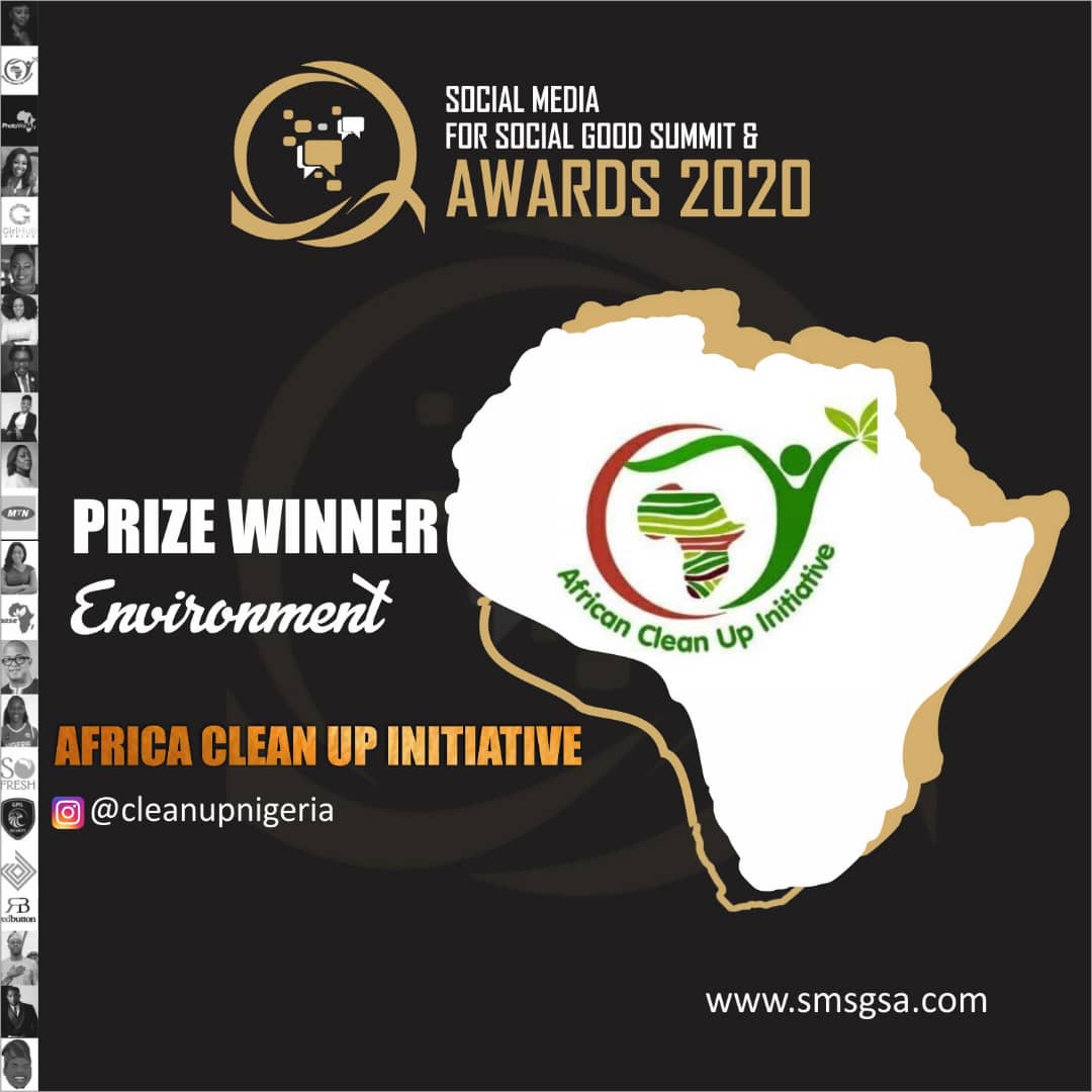 socialgood2020's tweet photo. Category:
Environment
1. @reesafrica
2. @EcowarriorsNG
3. @esupnow
4. @acinigeria 

Winner is Africa Clean Up Initiative !

#smsgsa2020 https://t.co/jvCCZE42vp