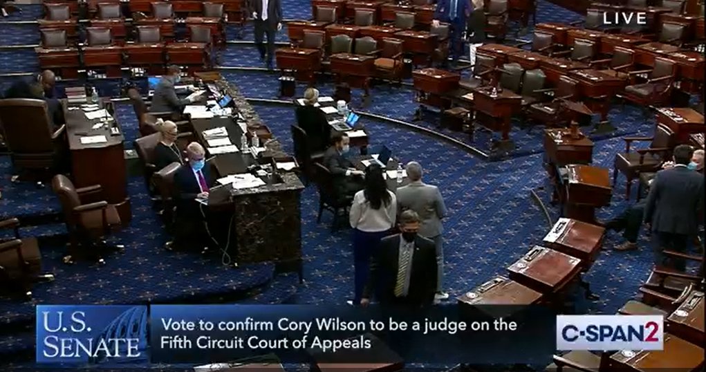AFJustice's tweet photo. As the Senate begins voting on the nomination of Cory Wilson, remember: claiming to care about civil rights and health care and then voting to confirm a judge who will gut access to health care and roll back civil rights means you don't *actually* care about either.
#StopWilson https://t.co/weXKUFxeK8