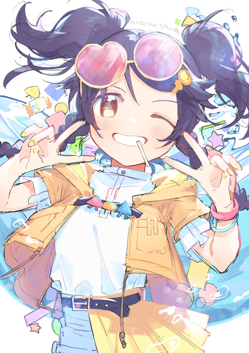 1girl one eye closed solo smile twintails v jacket  illustration images