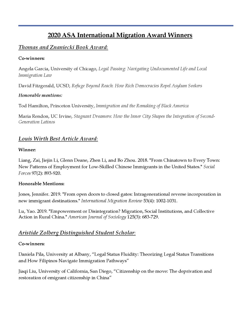 ASAmigration's tweet photo. Congratulations to all of this year's @ASAmigration Section Award Winners! 🎉🎊 Find the full list of awardees and highlights 🌟 from council-members in the Spring 2020 Issue of #WorldOnTheMove 🌎🌍🌏

https://t.co/YDK1wV0U3s https://t.co/bZrIunce8k