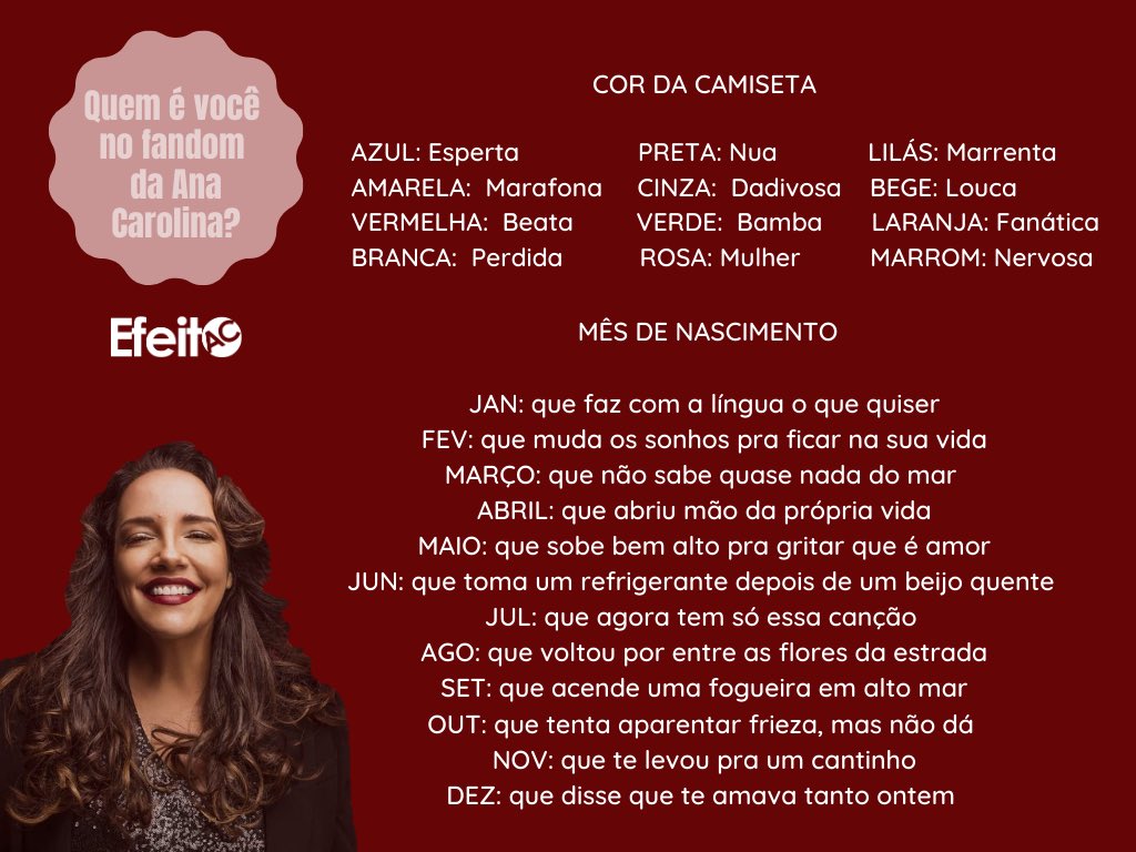 EfeitoAC's tweet photo. E aí, quem é você no fandom da Ana Carolina? 

Junte a cor da camiseta que você está usando com o seu mês de nascimento e conte pra gente aqui! ❤️

#anacarolina #mpb #ac #efeitoac https://t.co/EXKRZoIueH