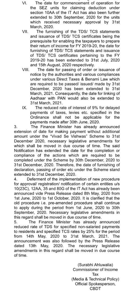 Govt extends various time limits under the Direct Tax &amp; Benami laws, providing further relief to taxpayers for making compliances under these laws. Notification dt 24th June,2020 issued. Time limits had earlier been extended by Taxation &amp; Other Laws Ordinance on 31st March, 2020.