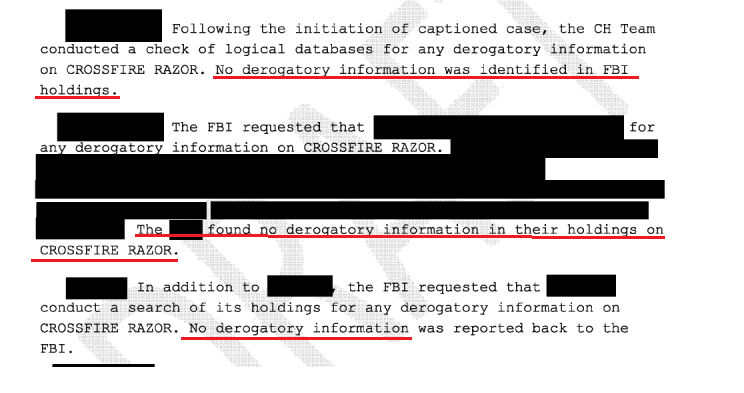 1/4/2017: FBI Washington Field Office recommends closing "Crossfire Razor"This was the investigation that yielded "no derogatory information" on Flynn.