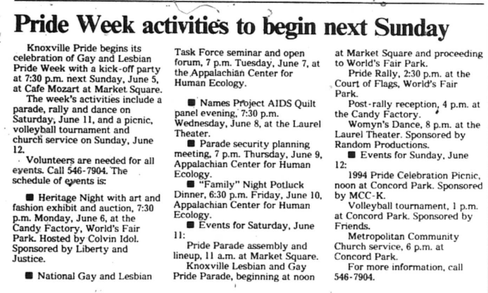 VoicesOutLoudTN's tweet photo. Check out this article about 1994 #pride events from the Knoxville News Sentinel in our History of #KnoxPride collection! https://t.co/1qLdPK0gGP