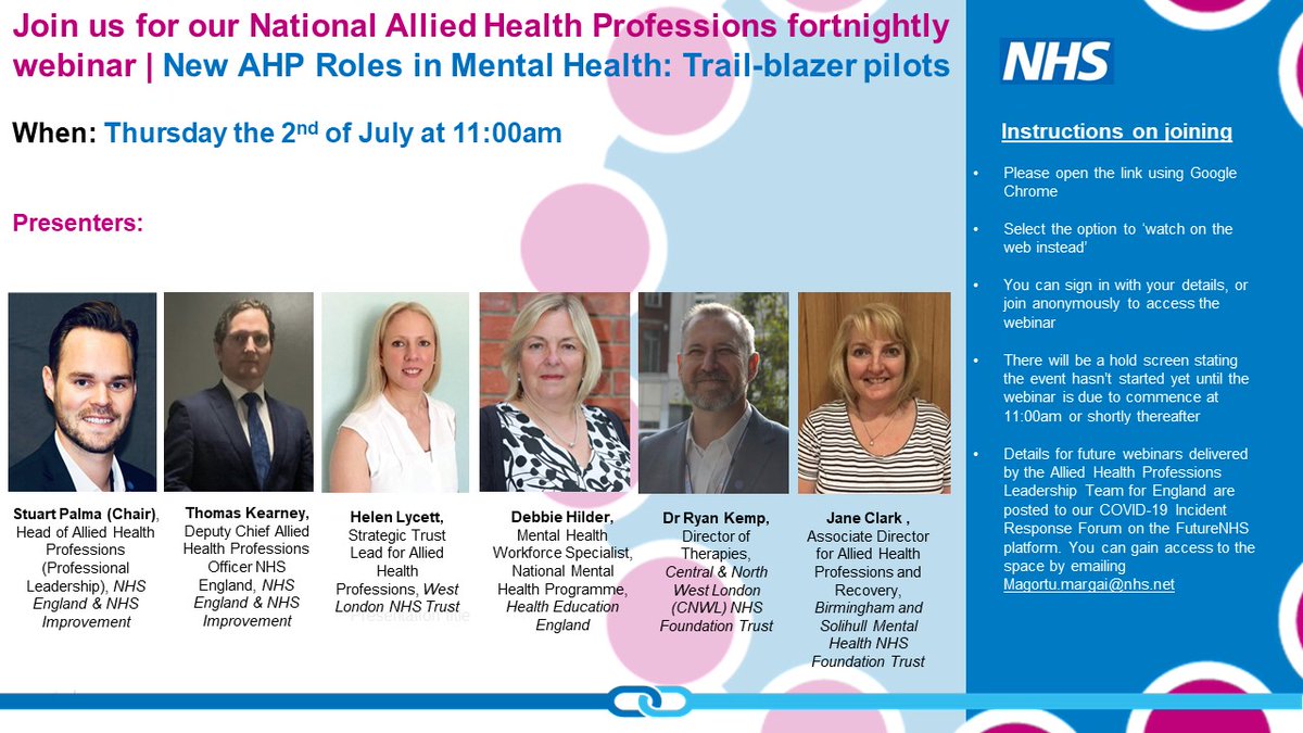 📢We're covering 'New AHP Roles in Mental Health- Trail blazer pilots' next week as part of our national fortnightly webinar series.

🗓️2nd July ⏰ 11:00am -12:00pm

Link to watch here👉teams.microsoft.com/l/meetup-join/…

#AHPs #MentalHealth #NationalAHPwebinars #AHPsintoAction