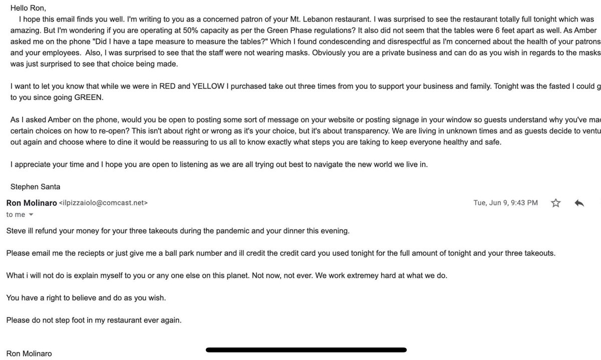 Stephen Santa tells  @KDKA he was “saddened” to read the restaurant owner’s reply, asking him to no longer step foot in the restaurant. Santa posted the email exchange, pictured below.