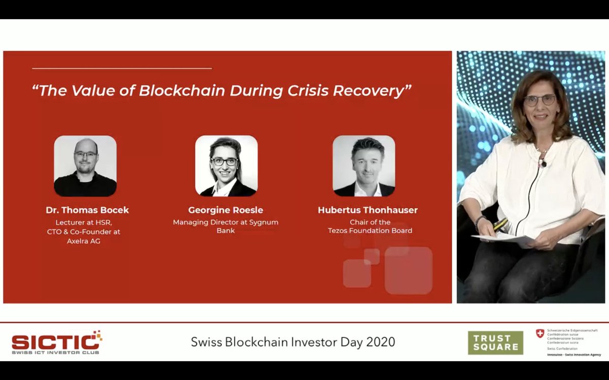 sictic_ch's tweet photo. Interesting discussion between our panelists @Mr_Hubertus, @georginer, Dr. Bocek how blockchain helps our society to recover from the crisis. 🙌
What's your opinion on this issue? Share it in a comment 👇💬 #blockchain #SBID20 #COVID_19 #swissstartups #Coronakrise https://t.co/FjClMtdAhO