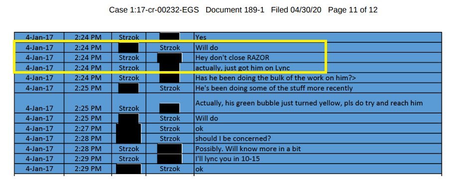 This meeting would have triggered Strzok's messages on 1/4/17: "Don't close RAZOR"The FBI leadership being involved in the decision: "7th floor involved"