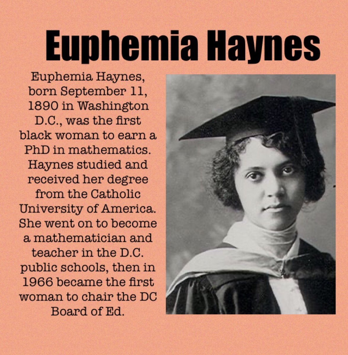 FRC175's tweet photo. Today’s profile is on Euphemia Haynes, a mathematician and teacher who was the first woman to be on the DC Board of Education. #blackinnovators #morethanrobots https://t.co/UitFcNLIru