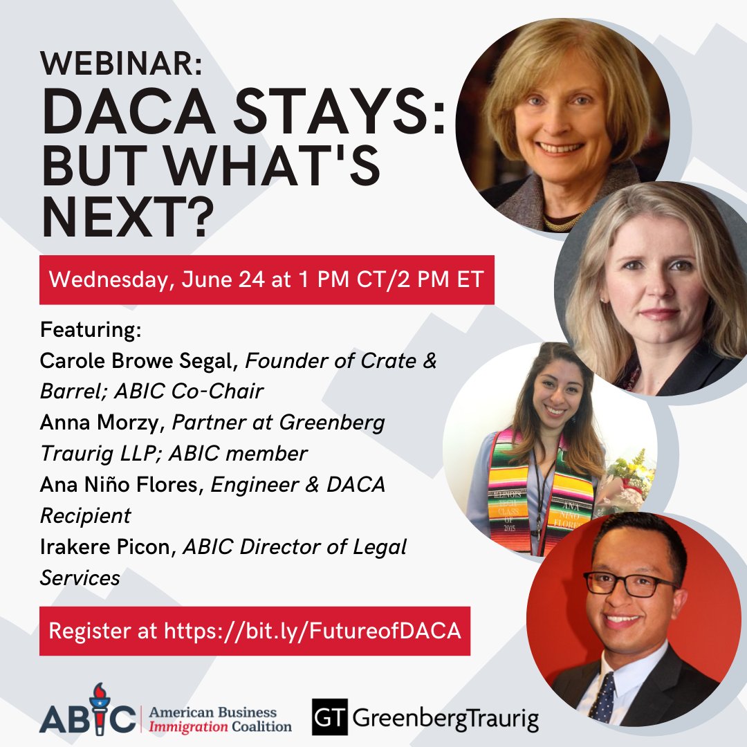 AmericanBIC's tweet photo. 🚨TODAY at 1pm CT/2pm ET: Don’t miss our webinar "DACA Stays: But What’s Next?”, including:  

👉Latest updates on status of #DACA program
👉Practical information for DACA recipients &amp; allies 
👉Q&amp;A session w/ panel of experts

&amp; MORE! Register now at: https://t.co/dwdo4K8TJR https://t.co/vPdVgqBXP5