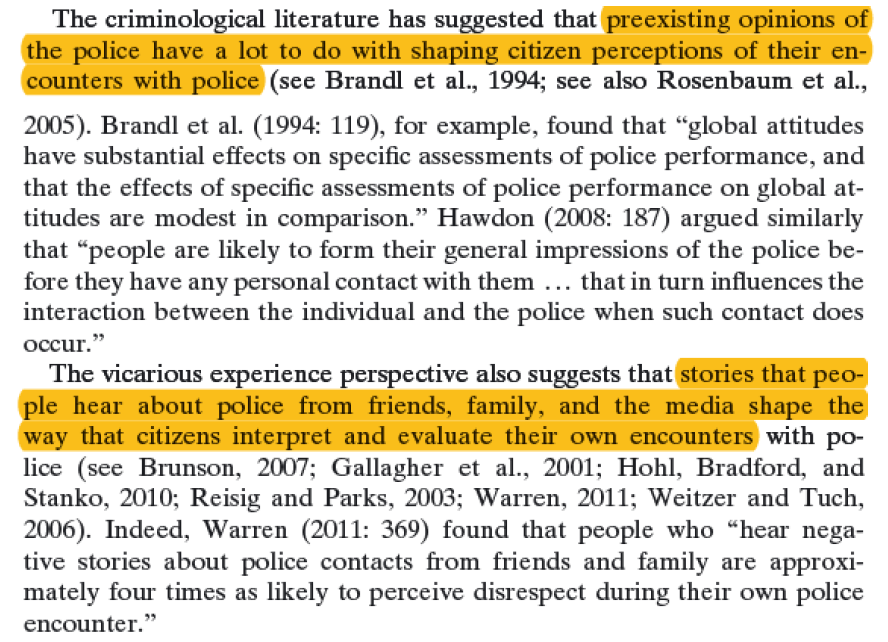 (2/4) Their key finding was that procedural justice in one encounter has sizable indirect effects on general attitudes (see below), but they use a non-randomized mediator (encounter-specific perceptions) that is a collider variable. Some of the omitted variables are on pages 5-6.