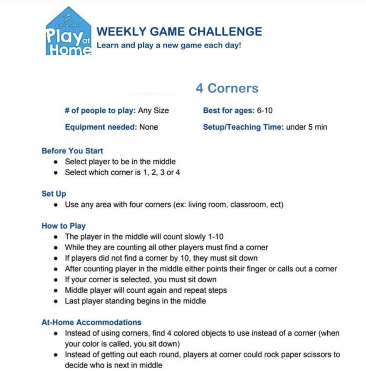PlayworksPA's tweet photo. It's time for a game break.

Grab a friend and learn how play 4 corners! 

#playworkspa #playworksforeverykid #playathome #4corners #gamebreak https://t.co/zPtWLkToX7