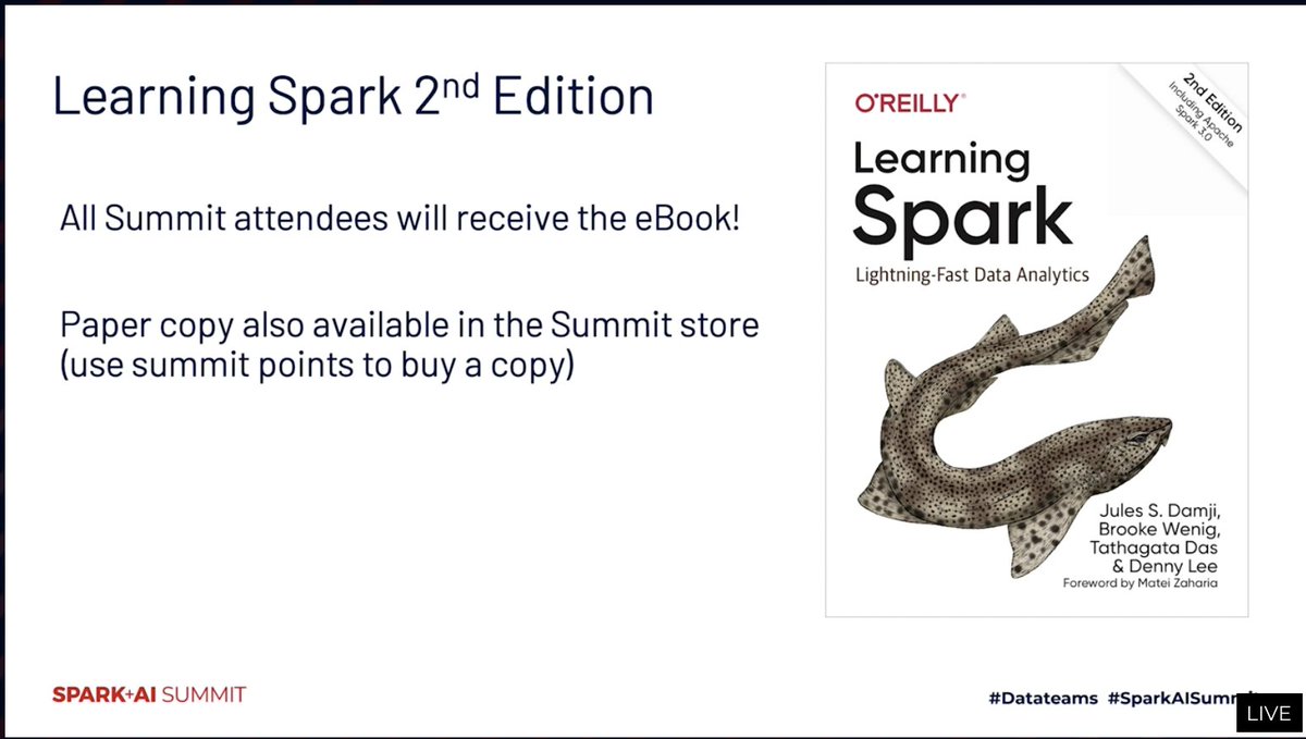 dennylee's tweet photo. Aw yeaahhhh!! @matei_zaharia just announced that everyone that attends #SparkAISummit gets a free e-copy of the #LearningSpark 2nd Edition book to dive into @ApacheSpark 3.0 - authored by Brooke Wenig, @2twitme , @tathadas , and moi!  Go #DataTeams ! https://t.co/4IAooWpANN