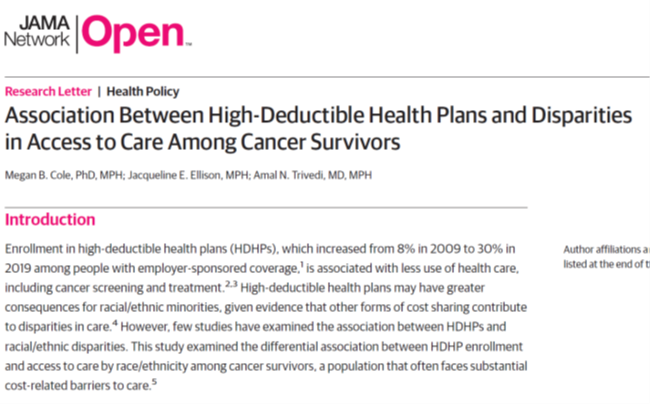 Now out in <a href="/JAMANetworkOpen/">JAMA Network Open</a>, <a href="/JackieeEllison/">Jackie Ellison, PhD</a> @amal_trivedi &amp; I find HDHPs are disproportionately associated w/ cost-related barriers to care for Black cancer survivors. Policies that limit deductibles and tackle structural racism &amp; inequities are critical
ja.ma/3hZB0Gs