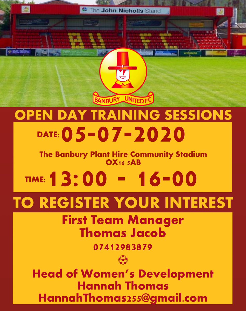 Open Day Session on July 5th at Banbury United’s home ground between 13:00-16:00

More information will be released on July 1st so players, coaches and spectators can all come together in the safest way possible using the COVID19 guidelines. 

New players welcome so get in touch!