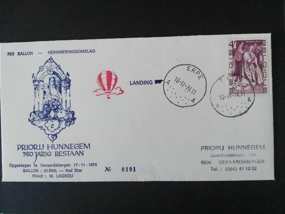 Antares1963Pv's tweet photo. #Ballonpost van #Geraardsbergen naar #Erpe op 18/11/1974. #Priorij #Hunnegem 350 jarig bestaan. 20 sept 1624 -1974. #België #Belgique #Belgien #Belgium #Postzegels #Timbres #Briefmarken #Stamps #Filatelie #Philatélie #Philately #bpost #post #History #cultuur #culture https://t.co/GKERjD4Nbd
