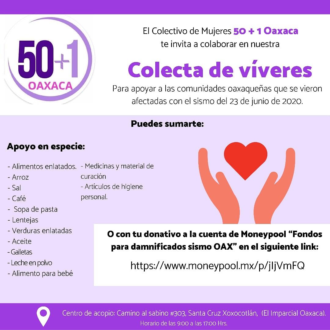 ¡Es momento de ayudar a Oaxaca!

Opción 1: Puedes ir al centro de acopio y apoyar con alimentos en especie.
Opción 2: Puedes hacer tu donativo a través de Moneypool "Fondos para damnificados sismo OAX" en el siguiente enlace 👇 moneypool.mx/p/jIjVmFQ
¡Gracias!